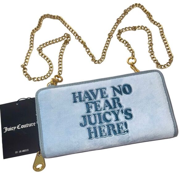 Juicy Couture Dusk Blue Velour Ella L. ‘Have No Fear’ Z/A Wallet w/ Chain Strap - Picture 11 of 12
